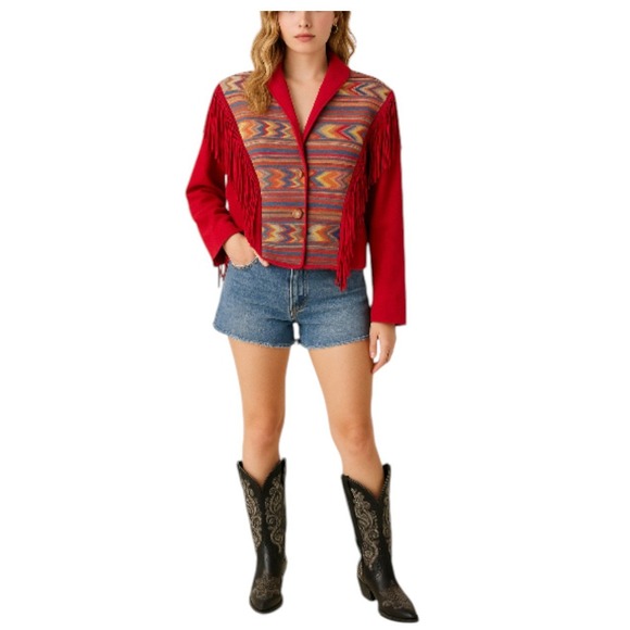 Vintage Lariat Pink Leather Fringe Southwestern Print Western Cropped Jacket Med - Picture 1 of 13